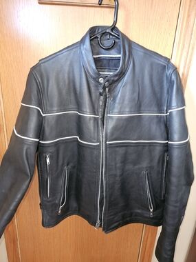 Unik Black Leather Motorcycle Jacket with White Piping